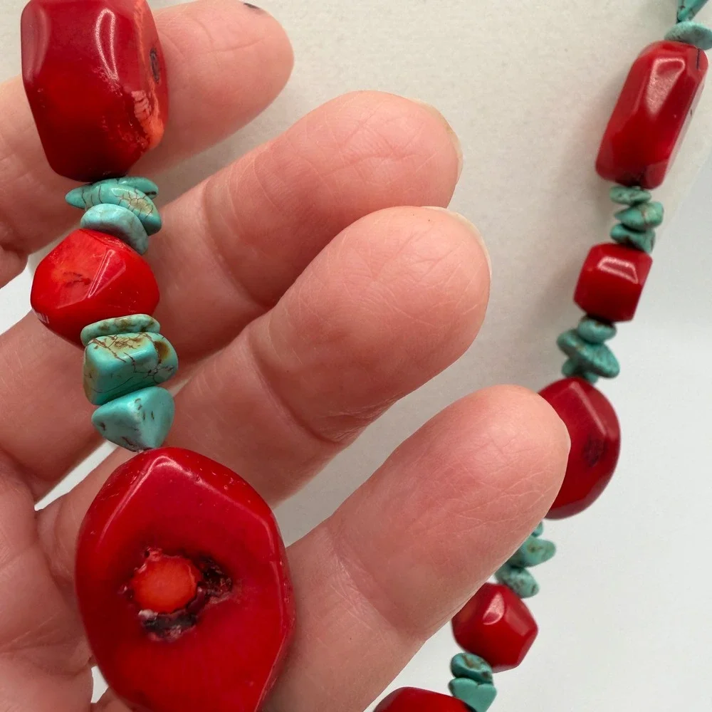 Chunky Red Sponge Coral and Turquoise Nugget Statement Necklace Silver Tone